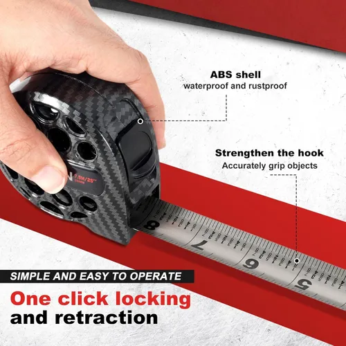 Miniatura 6 de Cinta métrica negra 25FT/7.5M de acero inoxidable con escala de doble cara, impermeable, retráctil, cinta de medición práctica para construcción