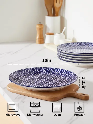 Miniatura 2 de Metahom Platos de cerámica de 10 pulgadas, juego de platos de porcelana azul y blanca, platos para servir pasta, panqueques, carne, ensalada, juego