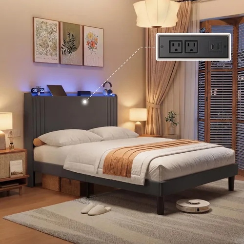 Miniatura 13 de Gizoon Base de cama matrimonial con cabecera de ala, plataforma tapizada con cabecera geométrica moderna, listones de madera, sin ruido, no necesita