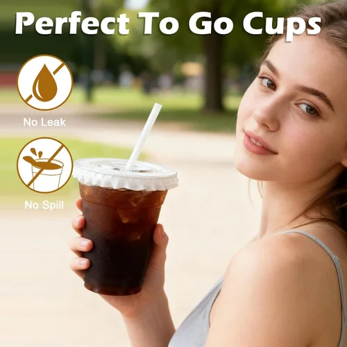 Miniatura 6 de Lamosi Paquete de 100 vasos de plástico transparente de 12 onzas con tapas y pajitas, tazas desechables para café helado con tapas para bebidas