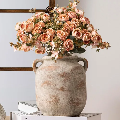 Miniatura 9 de Florero de cerámica para decoración del hogar - 7.6 pulgadas, jarrones rústicos de granja de mesa con asa, decoración de sala de estar, cerámica