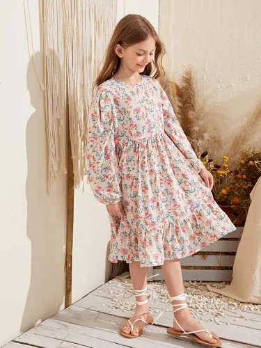 Miniatura 3 de WDIRARA Vestido midi de manga larga con estampado floral para niña, cuello redondo, dobladillo con volantes