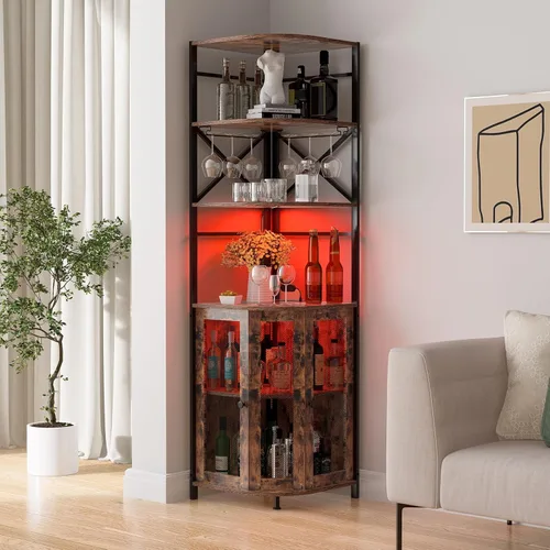 Miniatura 8 de Gabinete de bar de vino con toma de corriente, gabinete industrial de vino de 6 niveles con luz LED y soporte para vidrio, gabinete de vino