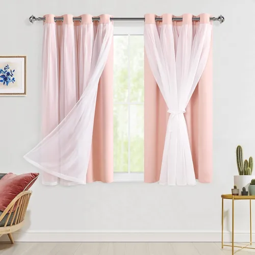Miniatura 97 de Hiasan Cortinas opacas con superposición transparente, aislamiento térmico para mezclar y combinar de doble capa, cortinas de oscurecimiento de Beige
