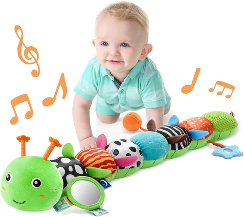 Miniatura 8 de LIGHTDESIRE Juguetes musicales para bebé, oruga, juguetes para bebés, animales de peluche con diseño de regla, espejo, cuerda de tirar y campana