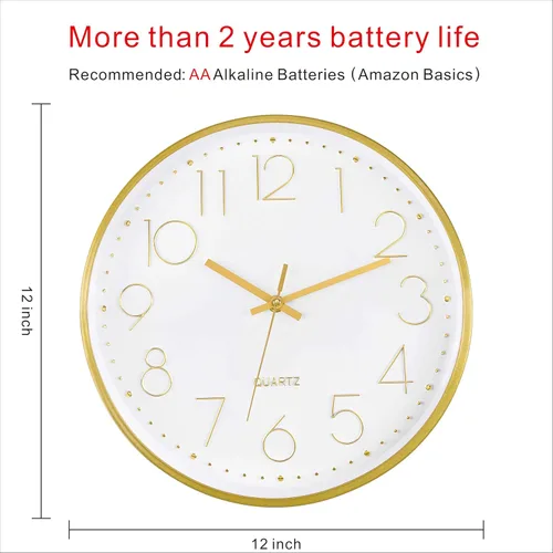 Miniatura 2 de Reloj de pared Foxtop dorado de 12 pulgadas, silencioso, sin tictac, funciona con pilas, redondo, de cuarzo, moderno, para oficina, sala de estar