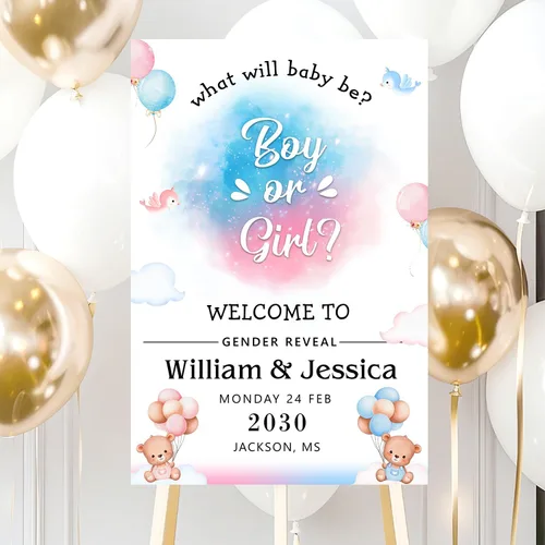 Miniatura 15 de Letrero de bienvenida personalizado de revelación de género con soporte, letrero de revelación de género para niño o niña, letreros de revelación