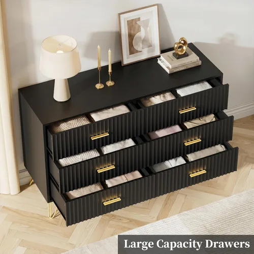 Miniatura 5 de JOZZBY Cómoda acanalada para dormitorio, cómoda negra de 6 cajones con asas doradas, cómodas de almacenamiento modernas y cómodas para pasillo