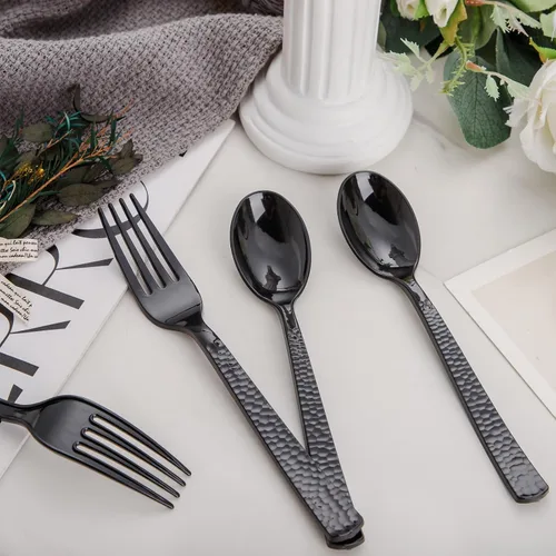 Miniatura 8 de KIRE 400 piezas cucharas y tenedores de plástico negro desechables - Juego de cubiertos de plástico negro desechables - 200 tenedores, 200 cucharas