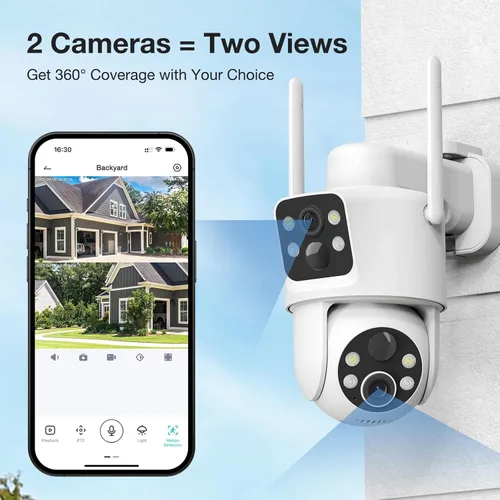 Miniatura 2 de TKENPRO Paquete de 2 cámaras de seguridad solares de doble lente inalámbricas para exteriores, video Full HD 2K, visión de 360° Pan/Tilt Cámara