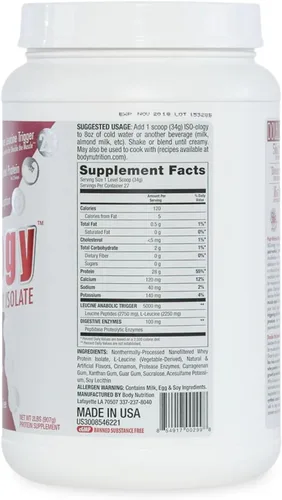 Miniatura 7 de Body Nutrition ISO-Ology, proteína aislada de suero en polvo mejorada con leucina, suplemento de recuperación después del entrenamiento, suero