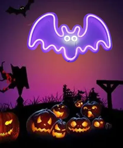 Miniatura 4 de Letrero LED de neón con forma de murciélago, luz de neón morada para fiestas, bares y decoración del hogar