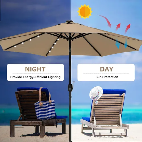 Miniatura 3 de YSSOA Sombrilla solar de 9 pies con 32 luces LED para patio, sombrilla de mesa con botón de inclinación/manivela al aire libre para jardín, terraza