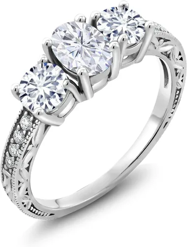 Miniatura 60 de Gem Stone King Anillo de compromiso de 3 piedras preciosas de oro blanco de 10 quilates con piedra natal y diamantes cultivados en laboratorio