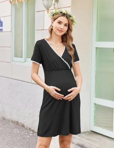 Miniatura 4 de Ekouaer - Camisón de dormir de manga corta 3 en 1 para mujer, plisado, para lactancia, parto y maternidad, tallas S-XXL