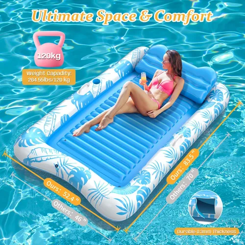 Miniatura 3 de Rrtizan Inflatable Tanning Pool Rafts for Adults, 83.5" x 52.4" Adult Pool Floats with Pillow, Cup Holder & Handles, 4-in-1 Suntan Tub Raft Floatie