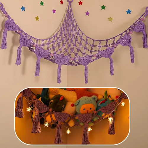 Miniatura 24 de Hamaca para Animales de Peluche de Esquina - 142 cm Jumbo Hecha a Mano de 5mm de Doble Cordón de Macramé para Almacenamiento de Animales de Peluche