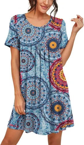 Miniatura 4 de PrinStory - Camisón de manga corta para mujer con plisado y cuello redondo