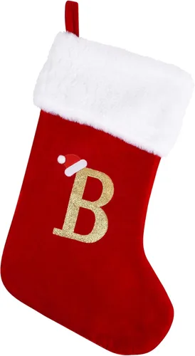 Miniatura 9 de Medias de Navidad con monograma de 20 pulgadas con letras, medias de Navidad grandes súper suaves, terciopelo rojo con puño de felpa blanco súper