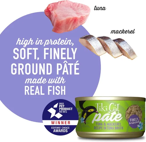Miniatura 5 de Tiki Cat Luau Pâté, receta de atún y caballa Ahi en consumo de atún, nutrición equilibrada sin granos, comida enlatada húmeda para gatos, para todas