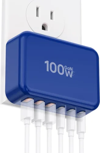 Miniatura 11 de Bloque de Carga Rápida, Cubo de Estación de Carga GaN de 6 Puertos USB C, Cargador de Pared de 100W de Tipo C de Múltiples Puertos con Enchufe