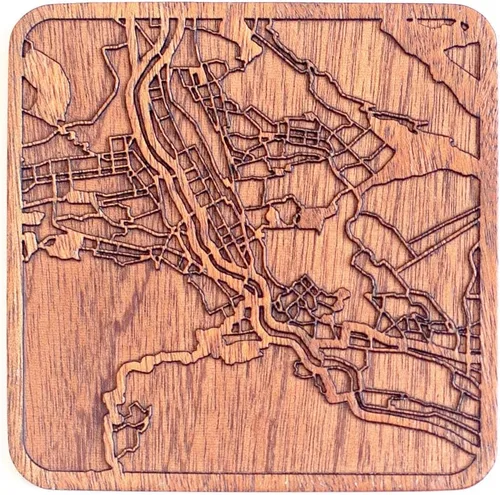 Miniatura 84 de Posavasos Amsterdam Map by O3 Design Studio, 1 pieza, posavasos de madera Sapele con mapa de la ciudad, hecho a mano, varias ciudades opcionales