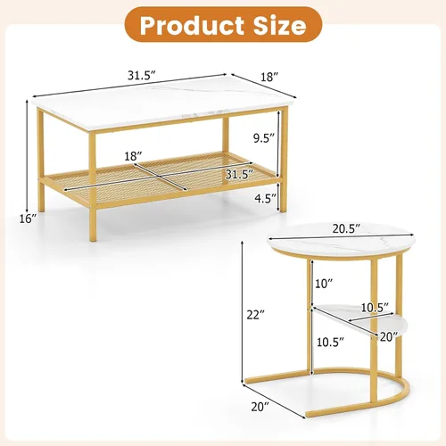 Miniatura 2 de Giantex Juego de 2 mesas auxiliares anidables, mesa rectangular desmontable y mesa redonda con estampado de mármol sintético blanco, marco de metal