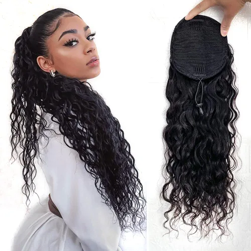 Miniatura 11 de Extensiones de cola de caballo con correa de cabello humano rizado, 100% cabello brasileño sin procesar, cola de caballo, pasta mágica con clip