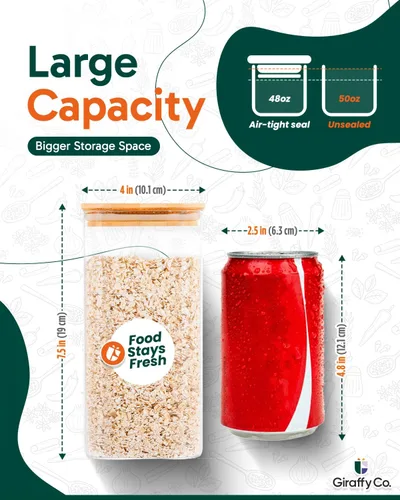 Miniatura 2 de Tarros de vidrio para almacenamiento de alimentos con tapas herméticas, recipientes de despensa de boca ancha, vidrio grueso sin BPA, resistente a