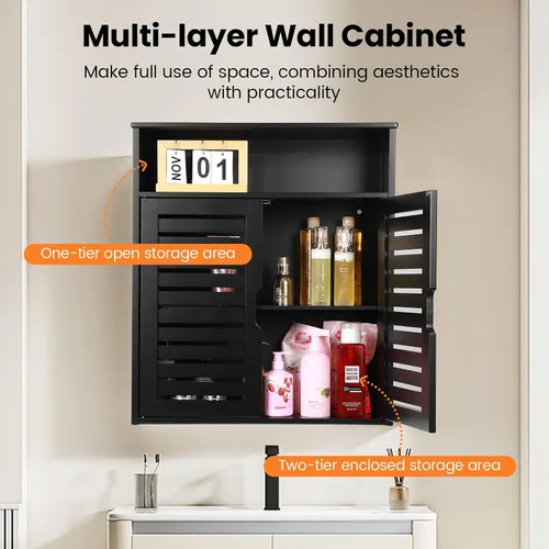 Miniatura 2 de Armario de pared de bambú, gabinete de almacenamiento de baño montado en la pared, gabinete de medicina colgante negro con puertas dobles