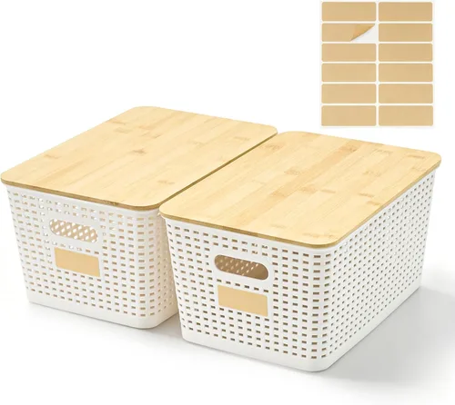 Miniatura 12 de Bagnizer Contenedores pequeños de plástico con tapas de bambú de 5.2 cuartos de galón, cesta apilable para despensa, contenedores decorativos lindos