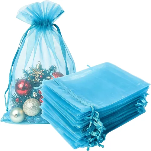 Miniatura 40 de Bolsas de regalo de organza de 4 x 6 pulgadas con cordón para joyas, dulces, paquetes de 50 bolsas de té de tela transparente azul aguamarina