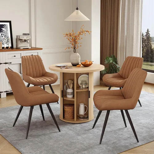 Miniatura 27 de Miereirl Juego de mesa y sillas de comedor moderno redondo, con una mesa de comedor de madera equipada con compartimentos de almacenamiento