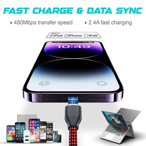 Miniatura 4 de Paquete de 3 cables de carga para iPhone de 6 pies con certificación MFi, trenzados, de carga rápida, duraderos y curvados de 25 K+ para iPhone
