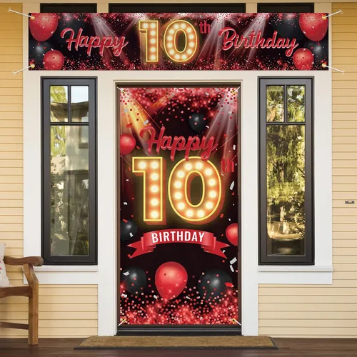 Juego de carteles de feliz cumpleaños 10 para puerta, porche, decoraciones de cumpleaños de 10 años, suministros de fiesta para mujeres y hombres,