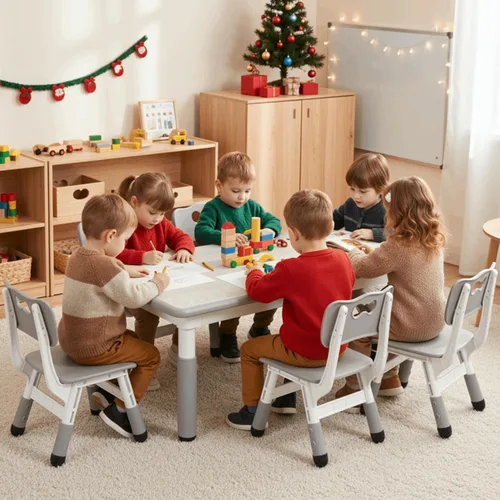 Miniatura 8 de Arlopu Juego de mesa y 6 sillas para niños, escritorio de graffiti ajustable en altura, mesa de manualidades para actividades preescolares, para Gris