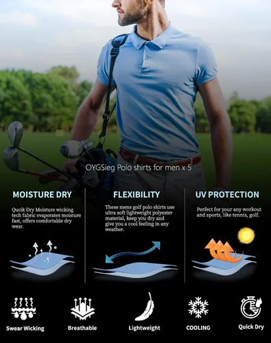 Miniatura 9 de Paquete de 5 camisas polo para hombre, secado rápido, manga corta, camisa de golf, piqué, jersey de ajuste regular