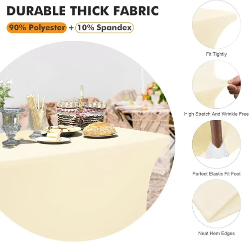 Miniatura 3 de Paquete de 2 fundas de mesa ajustadas rectangulares de spandex de 6 pies, color beige, mantel de tela elástica sin arrugas para fiestas, ferias