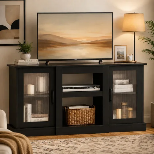 Miniatura 12 de WLIVE Soporte de TV con chimenea para TV de 65 pulgadas, centro de entretenimiento con chimenea eléctrica de llama realista 3D, consola de TV