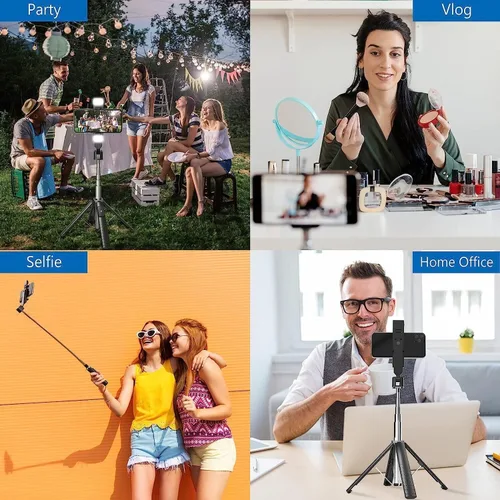 Miniatura 7 de Trípode Cuadrápode para Palo de Selfie de 41" con 2 Luces de Relleno Recargables, Trípode Extensible con Control Remoto Bluetooth, Acero Inoxidable