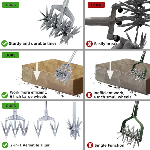Miniatura 5 de Cultivador giratorio, herramienta de jardín ajustable con púas de metal sólido desmontables para aflojar y mezclar tierra, cultivador de jardín