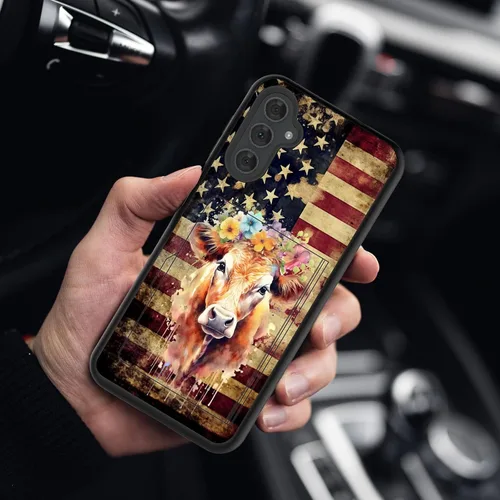 Miniatura 6 de Funda híbrida de doble capa con función atril para Samsung Galaxy A16 5G de 6.9 pulgadas, diseño de vaca con bandera estadounidense
