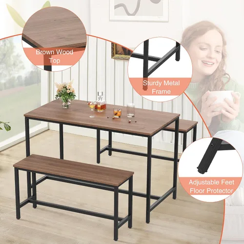 Miniatura 7 de Yongchuang Juego de mesa de comedor de cocina de 44 pulgadas para 4, mesa de cocina de 3 piezas con 2 bancos para comedor, espacio pequeño, mesa