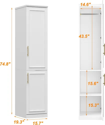 Miniatura 2 de FUFU&GAGA Armario estrecho con 2 puertas, moderno armario blanco para dormitorio con asas doradas, armario moderno de almacenamiento de ropa