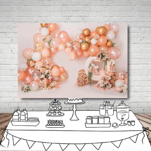 Miniatura 4 de MEHOFOND Fondo de globo rosa y dorado de 7 x 5 pies para primer cumpleaños, decoración de fiesta de primer cumpleaños, fotografía floral, carro