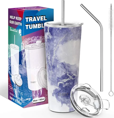 Miniatura 5 de THILY - Taza de viaje con aislamiento al vacío de acero inoxidable de 26 onzas, taza de café con 2 tapas y pajitas, a prueba de salpicaduras