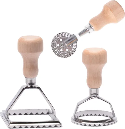 Miniatura 8 de Cortador de sellos de ravioli con juego de ruedas de rodillo, molde con mango de madera y borde estriado, accesorio de cocina para prensa de pasta