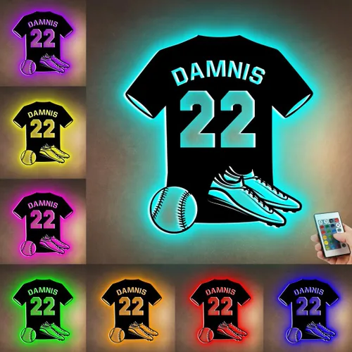 Miniatura 14 de Letrero de metal de jersey deportivo personalizado con luz LED, nombre y número personalizado, letrero de neón con nombre personalizado, decoración