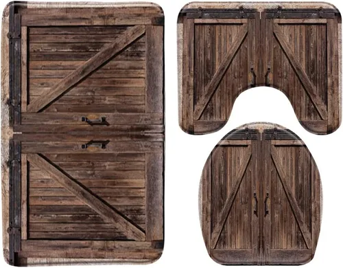 3 Piece Rustic Barn Door Bath Mat Sets Vintage Farmhouse Wooden Board Plank Retro Western Country Style 16"x24" Bathroom Rugs,Toilet Seat