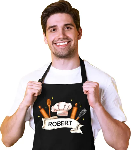 Miniatura 9 de Delantal de hornear personalizado unisex con nombre personalizado, delantal de panadería ajustable con 2 bolsillos, perfecto para el día